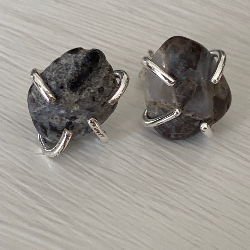 Raw Black Gray Agate Stud Earrings 925 Sterling Silver